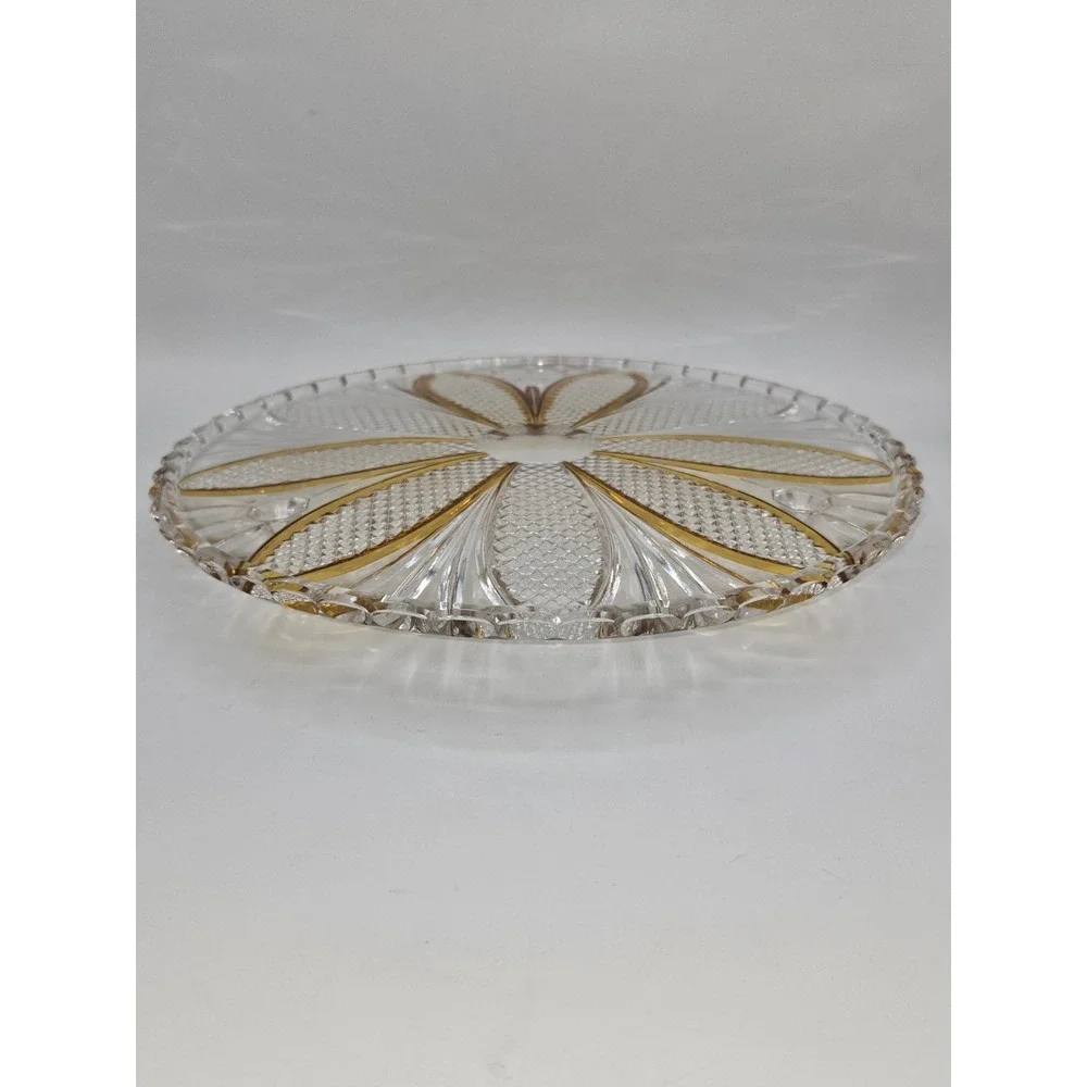 Bohemian Crystal Diamond Cut Footed Cake Plate Orange & Clear‎ Vintage